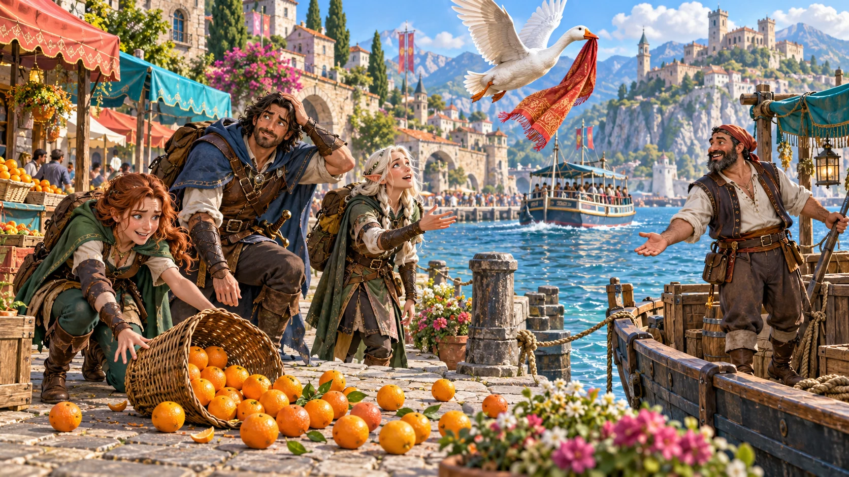 Travellers deal with spilled oranges and a goose carrying a scarf on a bright fantasy harbour quay.