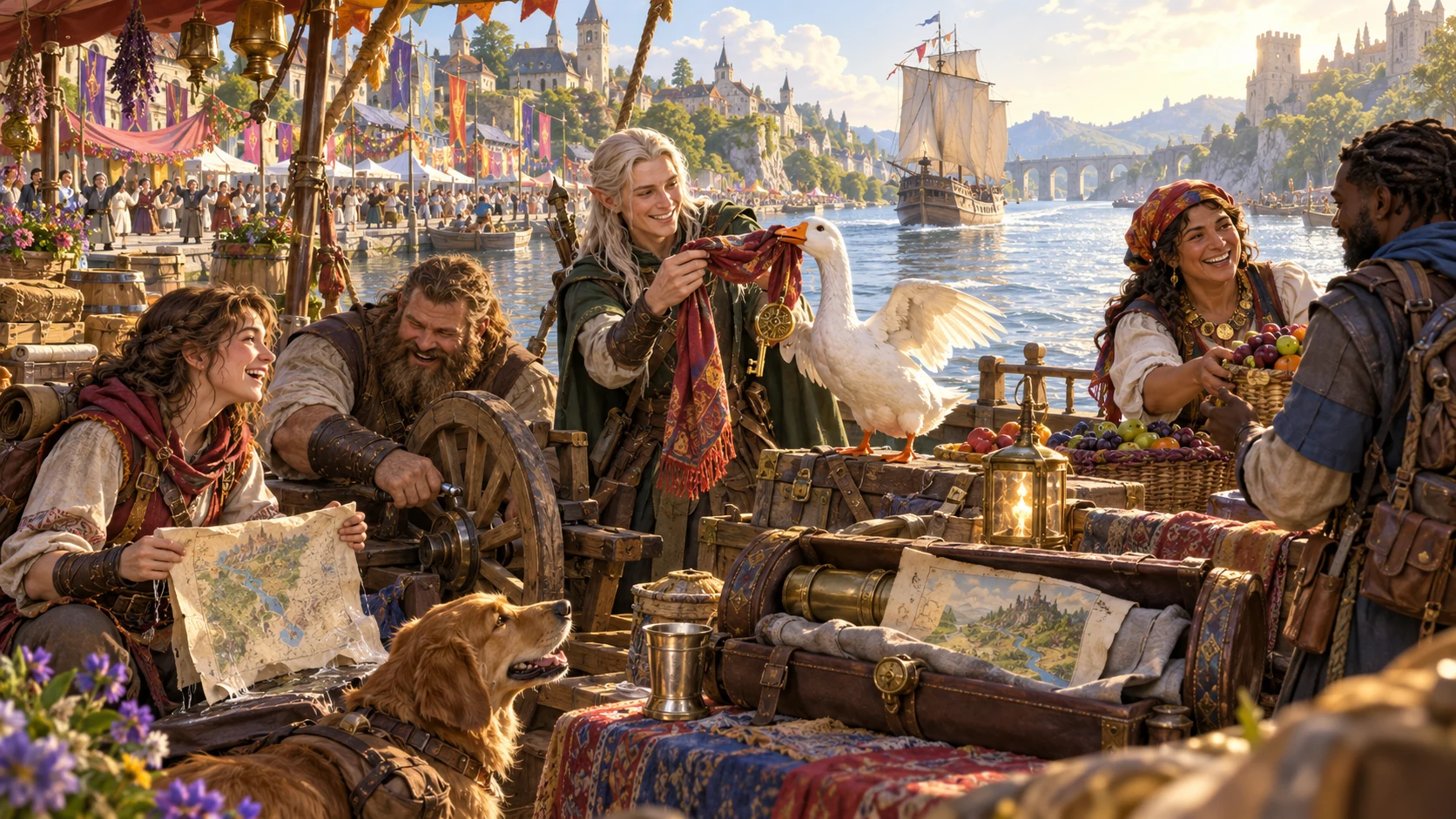 A group regains a scarf, exchanges supplies and plans a way forward beside a fantasy harbour.