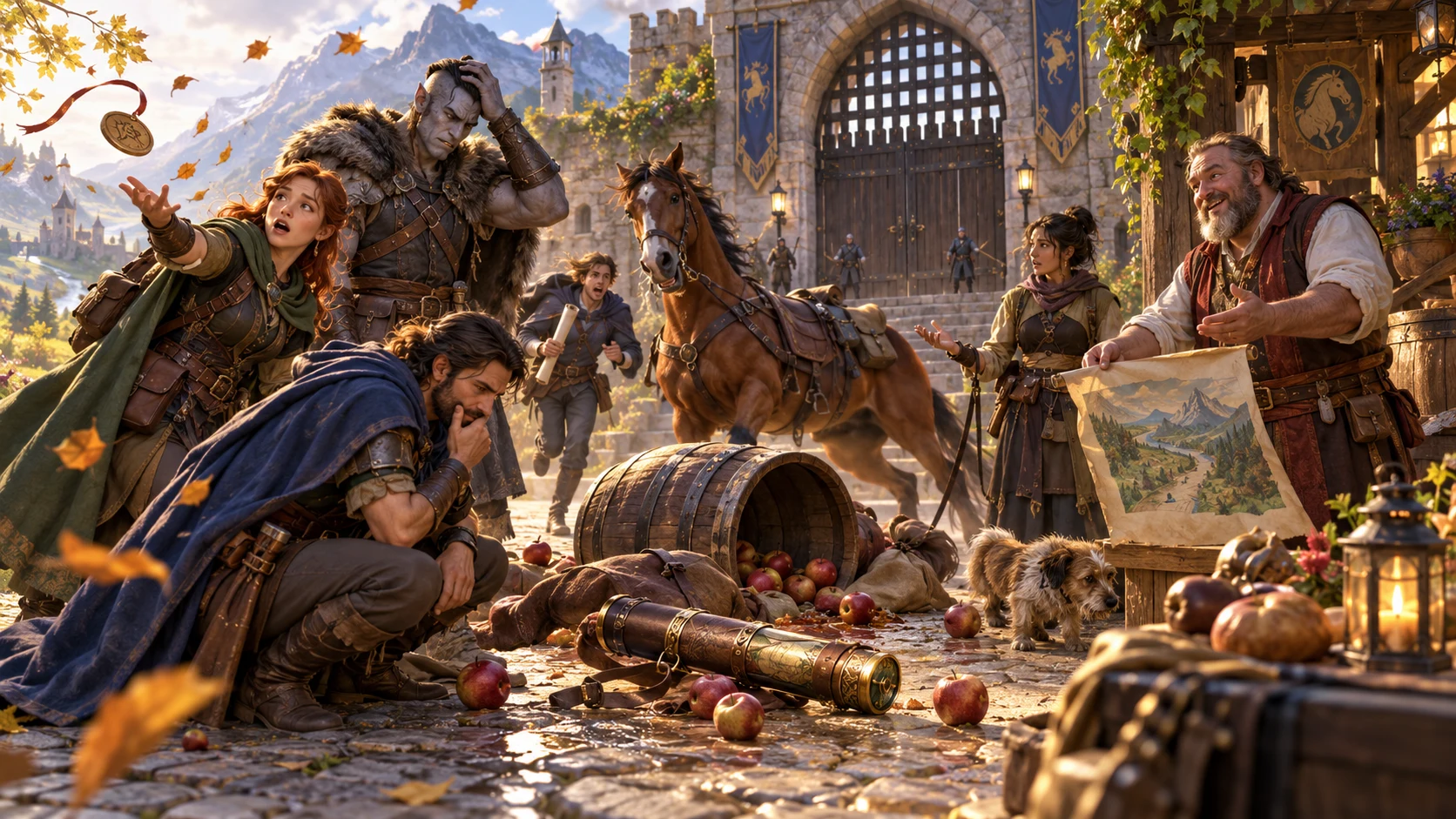Travellers face spilled supplies and an escaped token near a city gate while a guide offers a map.